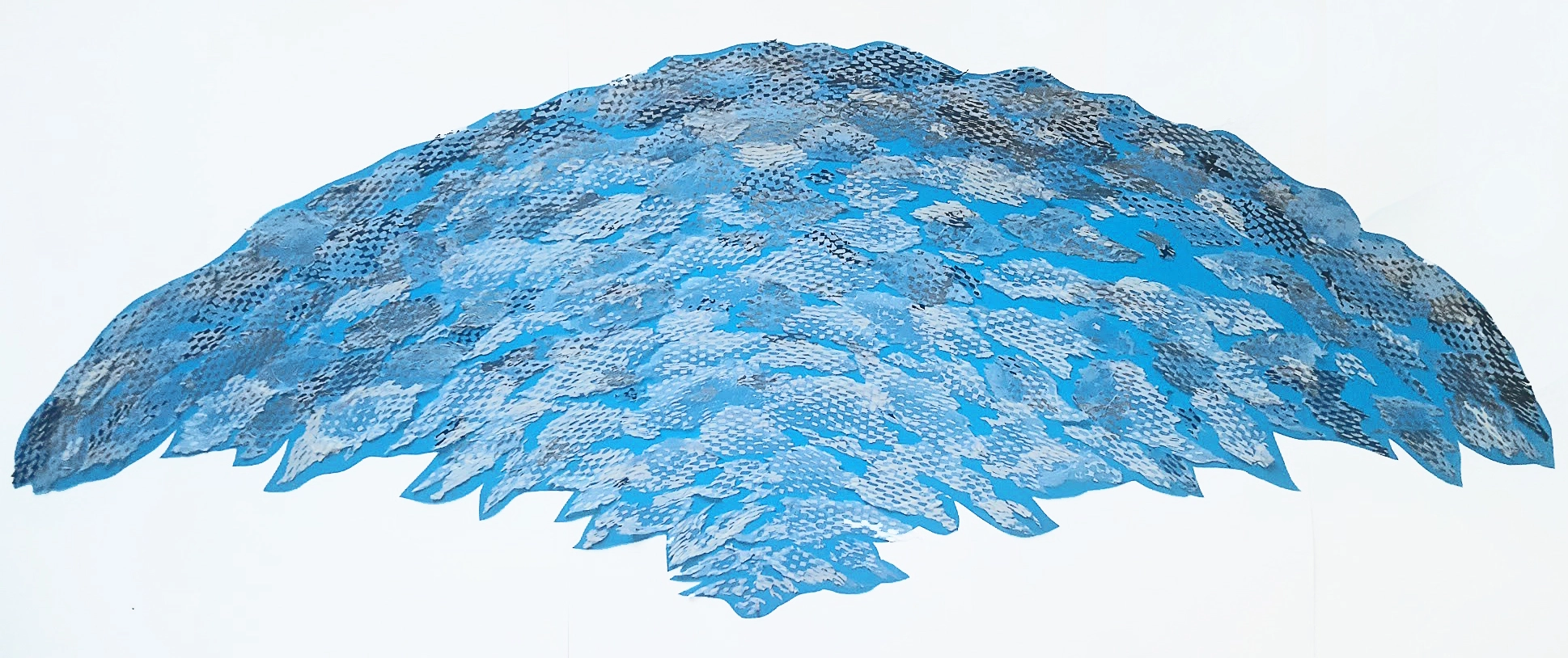 Decomposing Membrane Fragment — a tall blue screen-print collage resembling a wing.