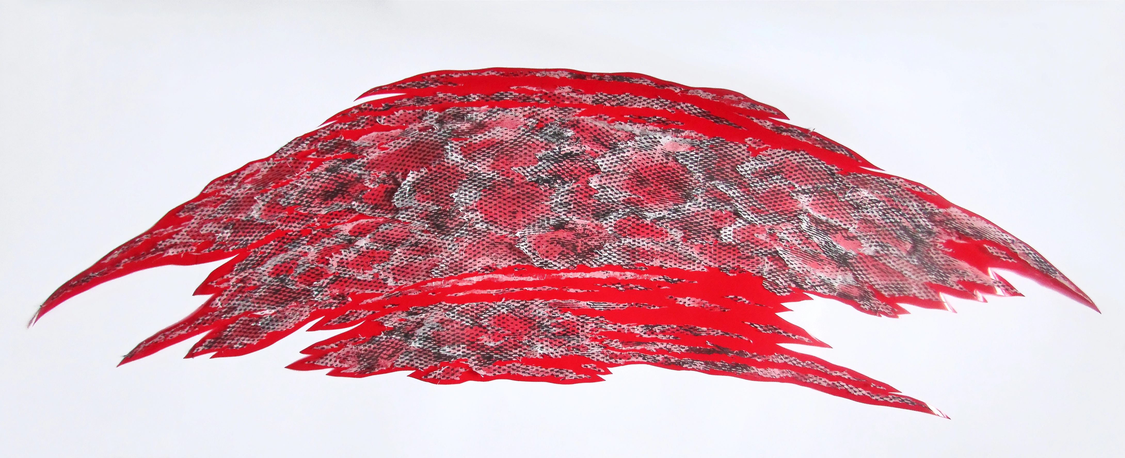 Decomposing Membrane Fragment — a tall red screen-print collage resembling a wing or flame.
