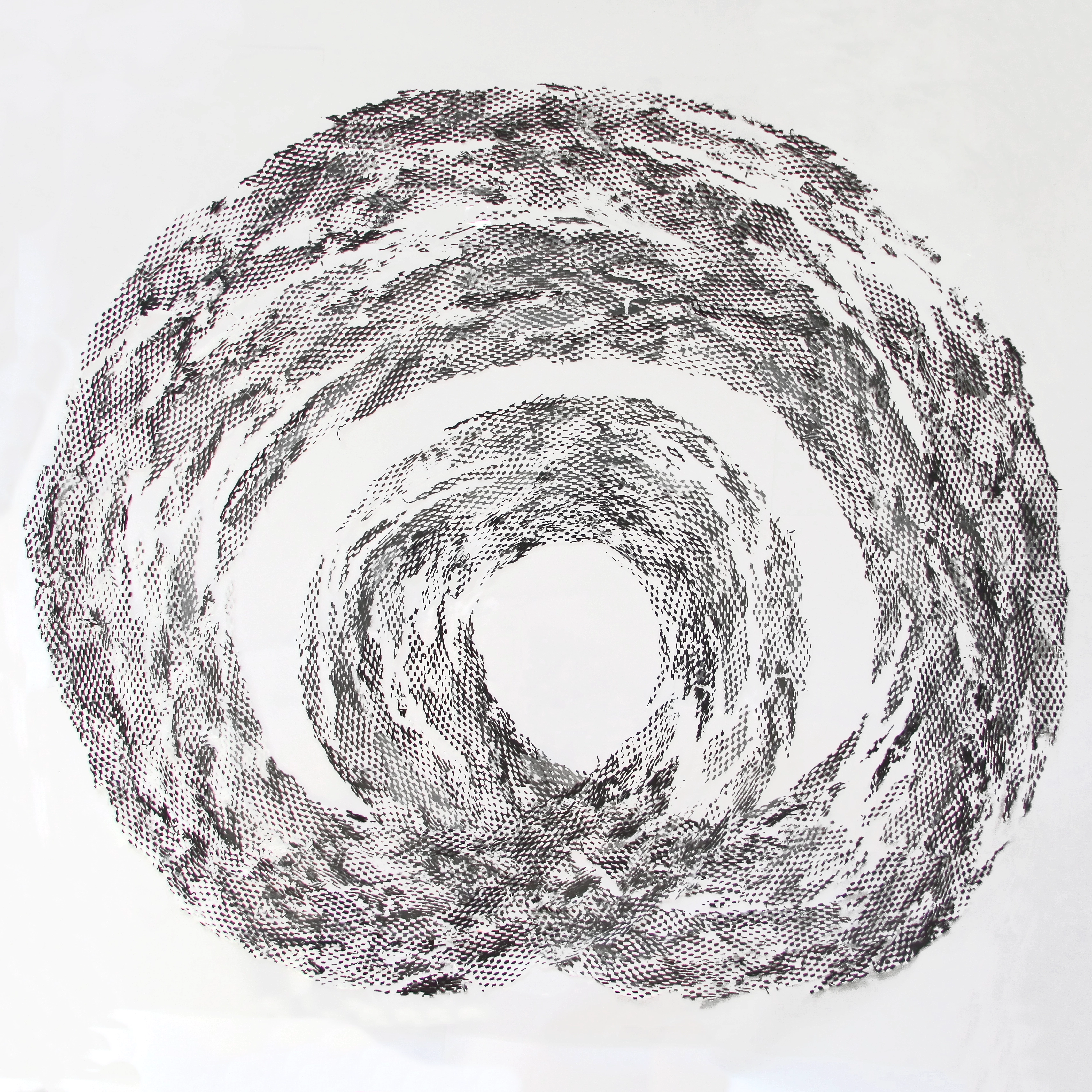 Decomposing Metasocial Membrane — a black and white screen-print collage spiral.
