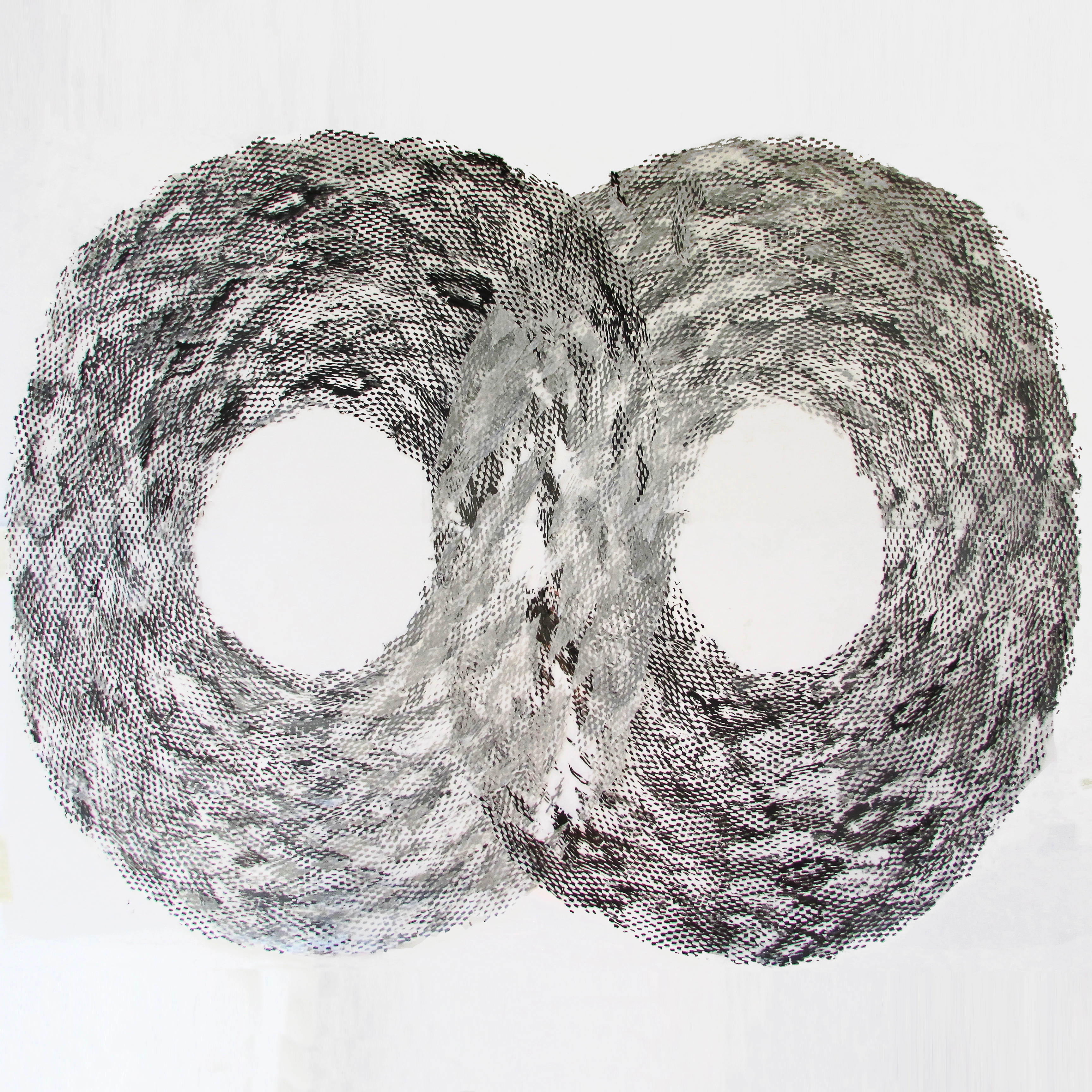 Decomposing Metasocial Membrane — a black and white screen-print collage in an infinity form.