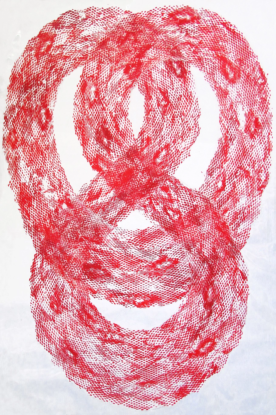 Ancient Universe 04.25.17 — interlocking red screen-print collage rings.