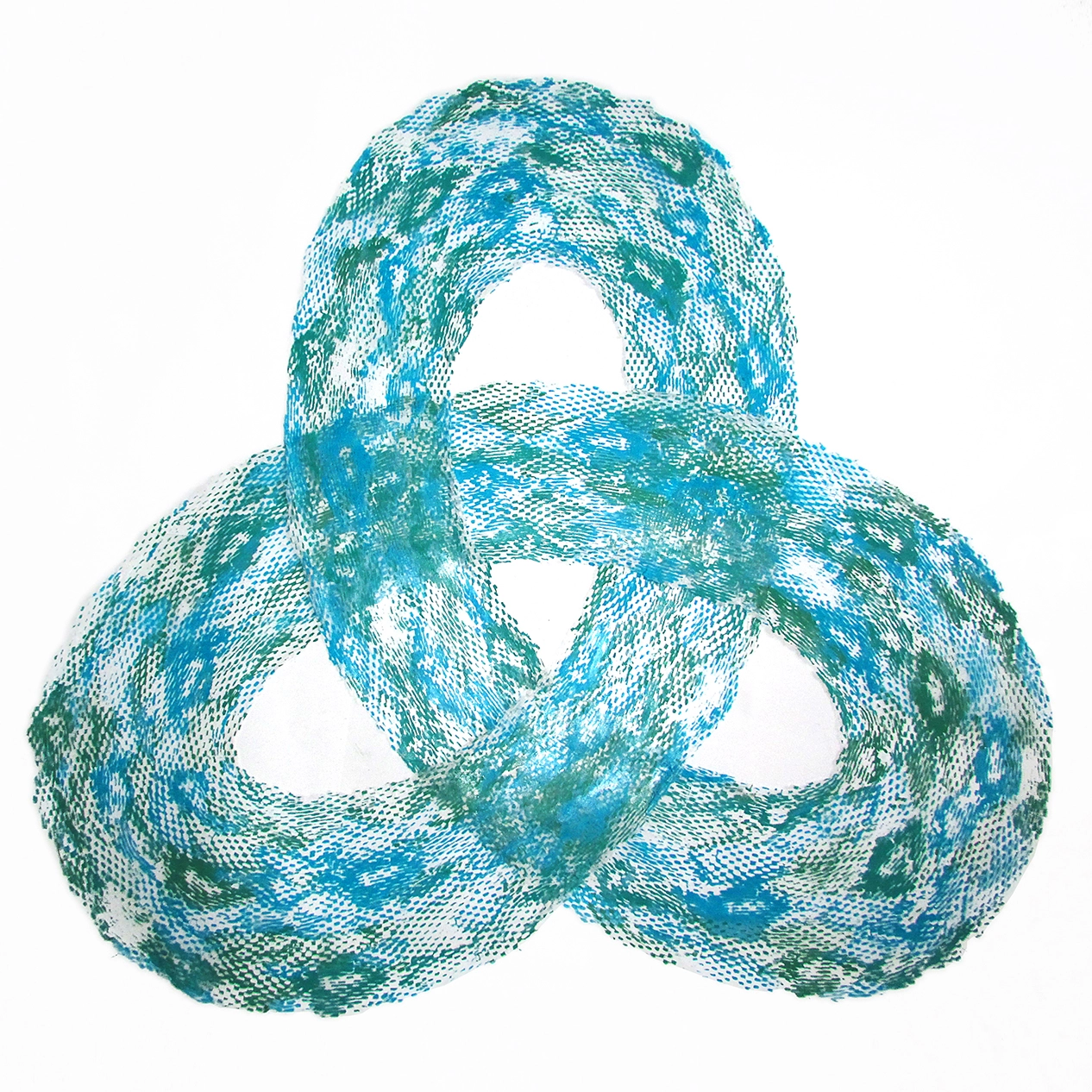 Very Old Universe — a teal and green screen-print collage in the form of a triple Celtic knot, an emblem of infinity.
