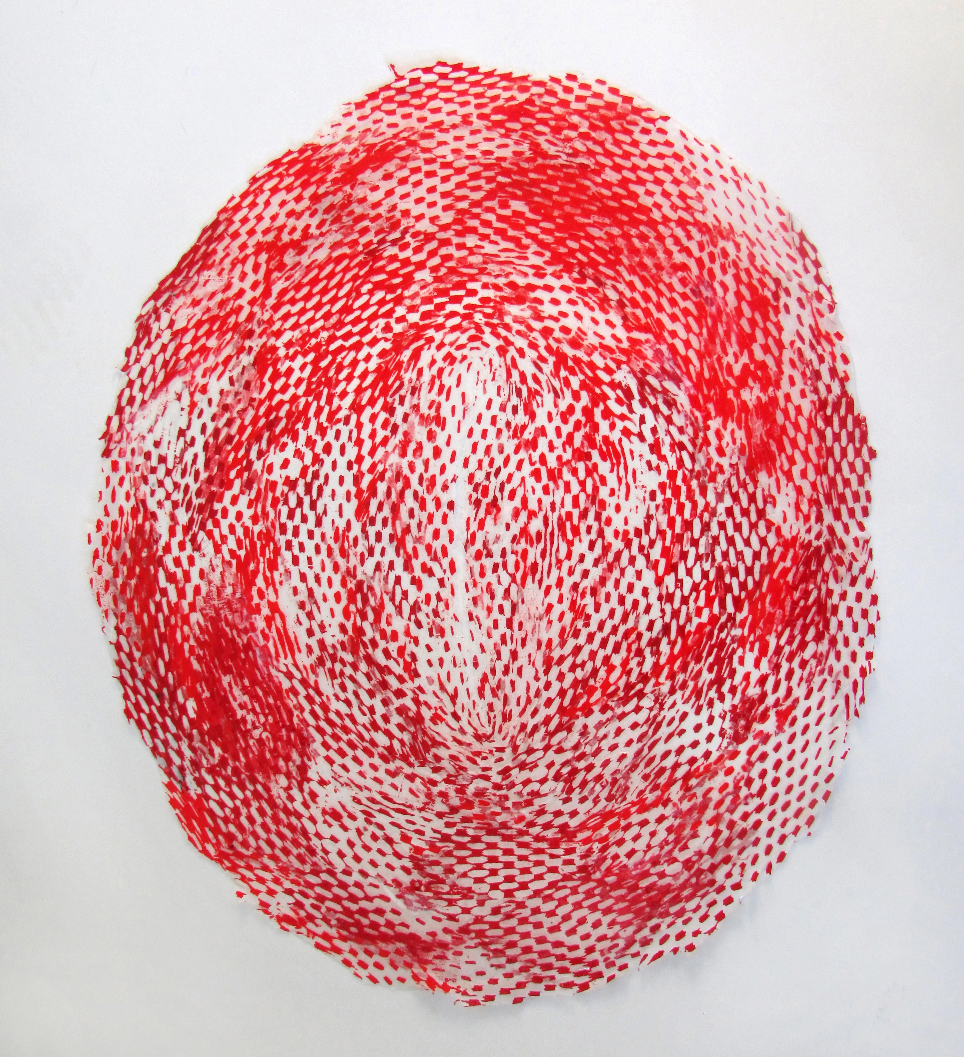Wyrmling Universe 12.13.17 — a dense red oval screen-print collage.